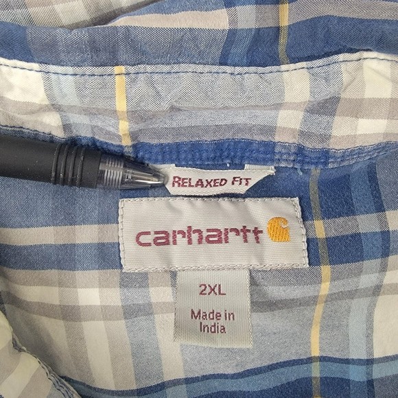Carhartt Button Up Shirt Blue Plaid Casual Short Sleeve Men's Size 2XL - Picture 7 of 9